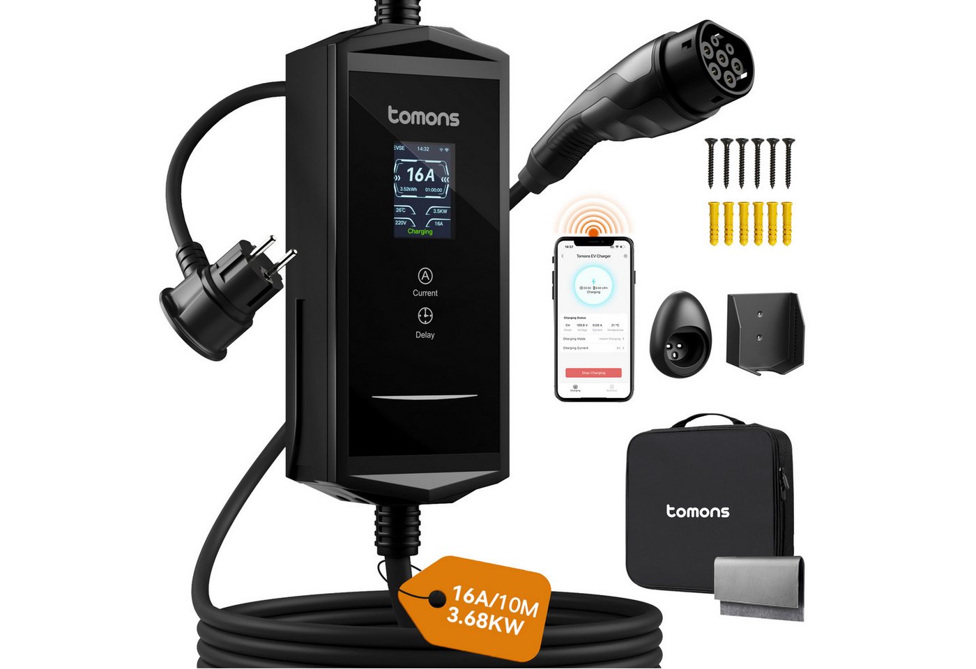 Tomons Type 2 Ladekabel Schuko 3,68 kW 6M/10M 16A mit APP, Mobile Wallbox Autoladekabel, (1000 cm), 2,4" LCD-Anzeige IP65,Einstellbarer Ladeleistung&startzeit Bild 3