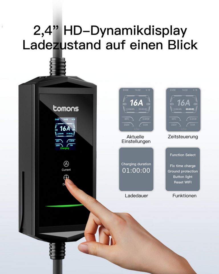 Tomons Type 2 Ladekabel Schuko 3,68 kW 6M/10M 16A mit APP, Mobile Wallbox Autoladekabel, (1000 cm), 2,4" LCD-Anzeige IP65,Einstellbarer Ladeleistung&startzeit Bild 4