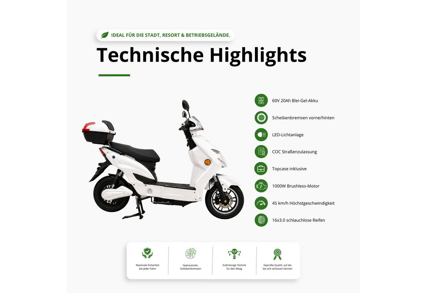 Urban Hopper E-Motorroller Elektro-Roller mit Straßenzulassung in Grau Urban Hopper Enjoy, 1000 W, 45 km/h, Reichweite ca. 75 km mit LED, Scheibenbremsen Inklusive Top-Case