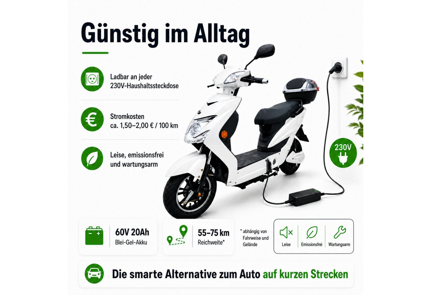 Urban Hopper E-Motorroller Elektro-Roller mit Straßenzulassung in Grau Urban Hopper Enjoy, 1000 W, 45 km/h, Reichweite ca. 75 km mit LED, Scheibenbremsen Inklusive Top-Case Bild 2