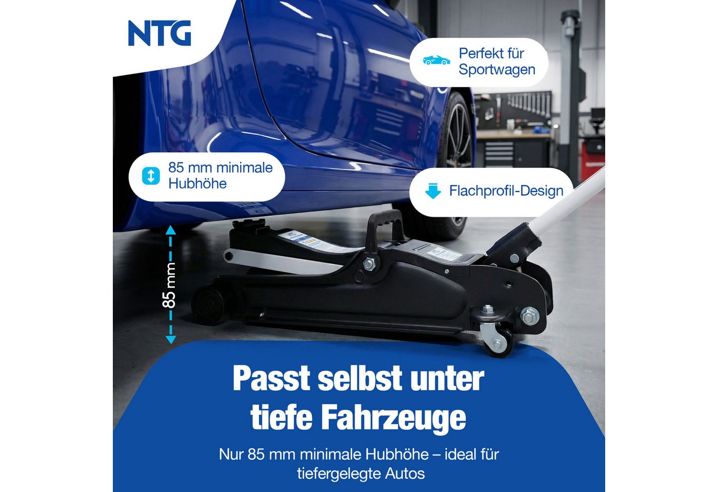 NTG Nutzfahrzeug Technik GmbH Wagenheber 2,5t Flach 85-375mm Rangierwagenheber TÜV Zertifiziert, max. Hubhöhe: 37.5 cm, Lowliner Wagenheber