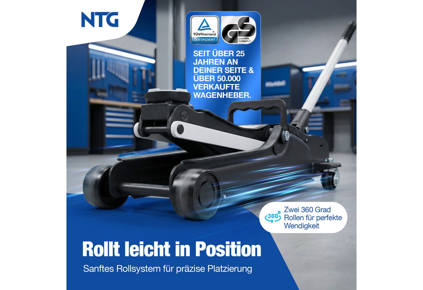 NTG Nutzfahrzeug Technik GmbH Wagenheber 2,5t Flach 85-375mm Rangierwagenheber TÜV Zertifiziert, max. Hubhöhe: 37.5 cm, Lowliner Wagenheber Bild 2