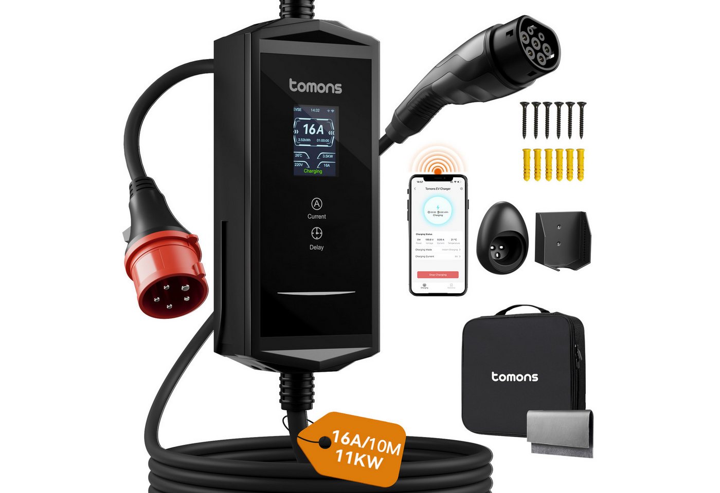 Tomons Mobile Wallbox 11kw mit APP,Typ 2 Ladekabel 7M/10M,3-Phasen 6-16A Autoladekabel, (1000 cm), 2,4" LCD-Anzeige IP65,Einstellbarer Ladeleistung&startzeit Bild 4