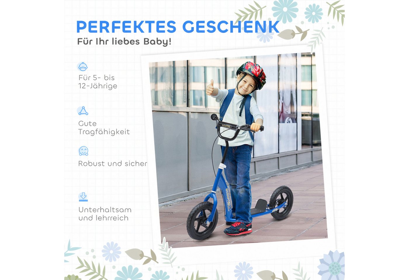 HOMCOM Cityroller Kinderroller Scooter mit verstellbarem Lenker, großen Rädern, 0 km/h, (Tretroller, 1 tlg., Kinderroller), für Außenbereich, Rosa Bild 2