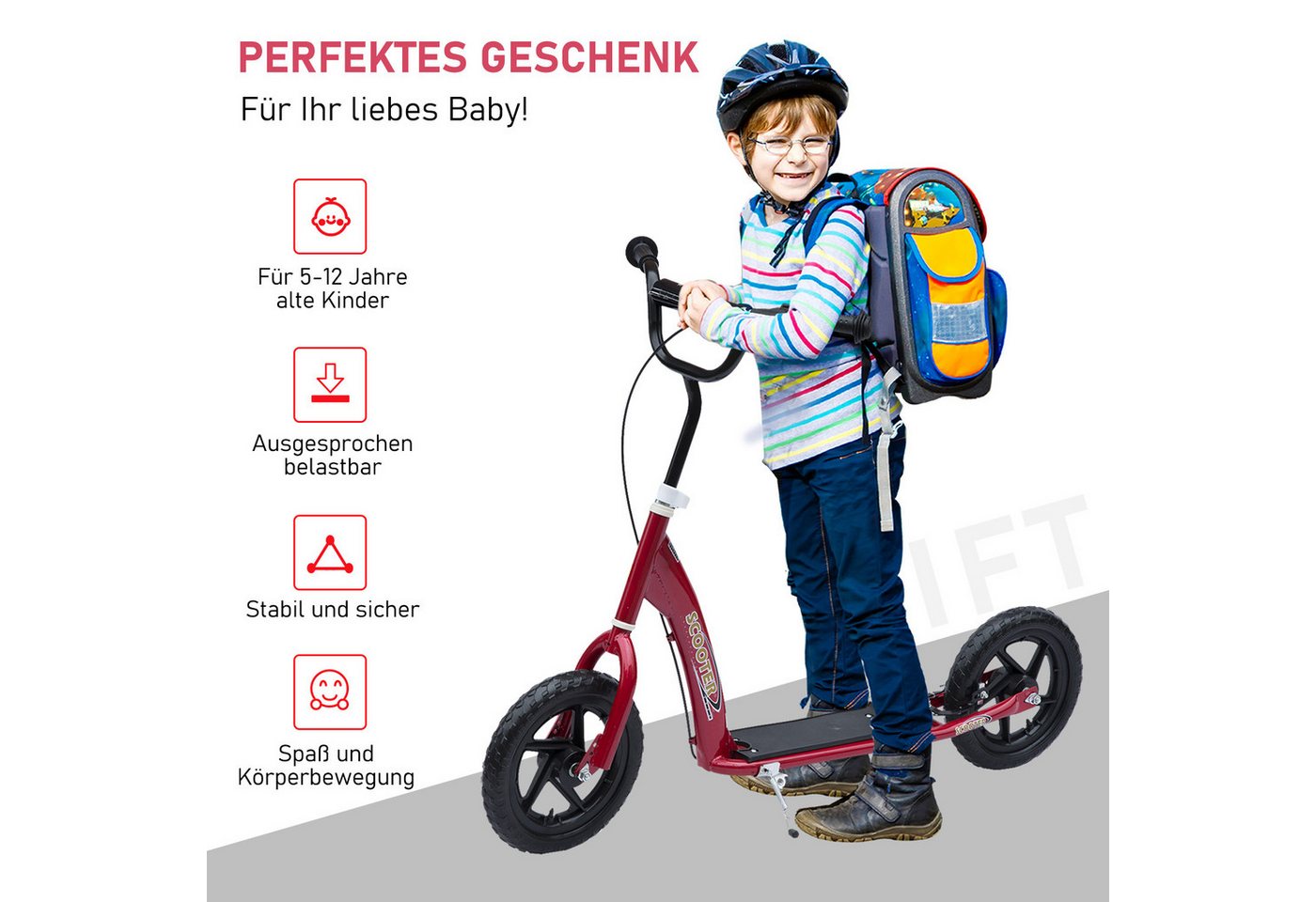 HOMCOM Cityroller Kinderroller Scooter mit verstellbarem Lenker, großen Rädern, 0 km/h, (Tretroller, 1 tlg., Kinderroller), für Außenbereich, Rosa Bild 4