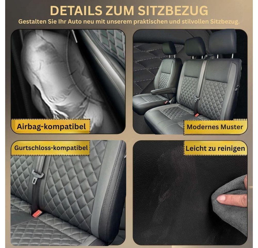 Montegoni Autositzbezug VW T5, T6, T6.1 Sitzbezüge 1+2 Kunstleder 3-Sitzer Armlehne schwarz, Mehrteiliges Set Sitzbezüge, Komplettset Sitzbezüge VW Transporter, Passgenau, Wasserabweisend, Gepolstert, Langlebig, Pflegeleicht Bild 2