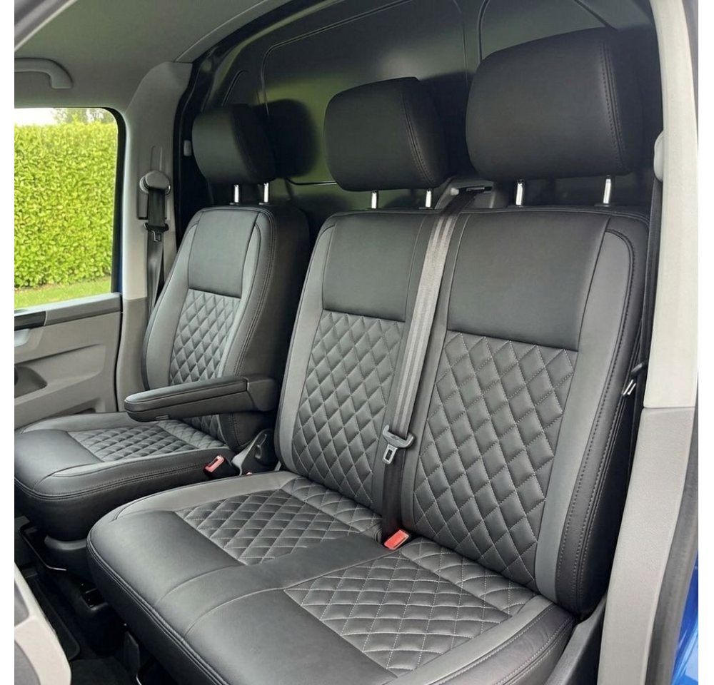 Montegoni Autositzbezug VW T5, T6, T6.1 Sitzbezüge 1+2 Kunstleder 3-Sitzer Armlehne schwarz, Mehrteiliges Set Sitzbezüge, Komplettset Sitzbezüge VW Transporter, Passgenau, Wasserabweisend, Gepolstert, Langlebig, Pflegeleicht Bild 4