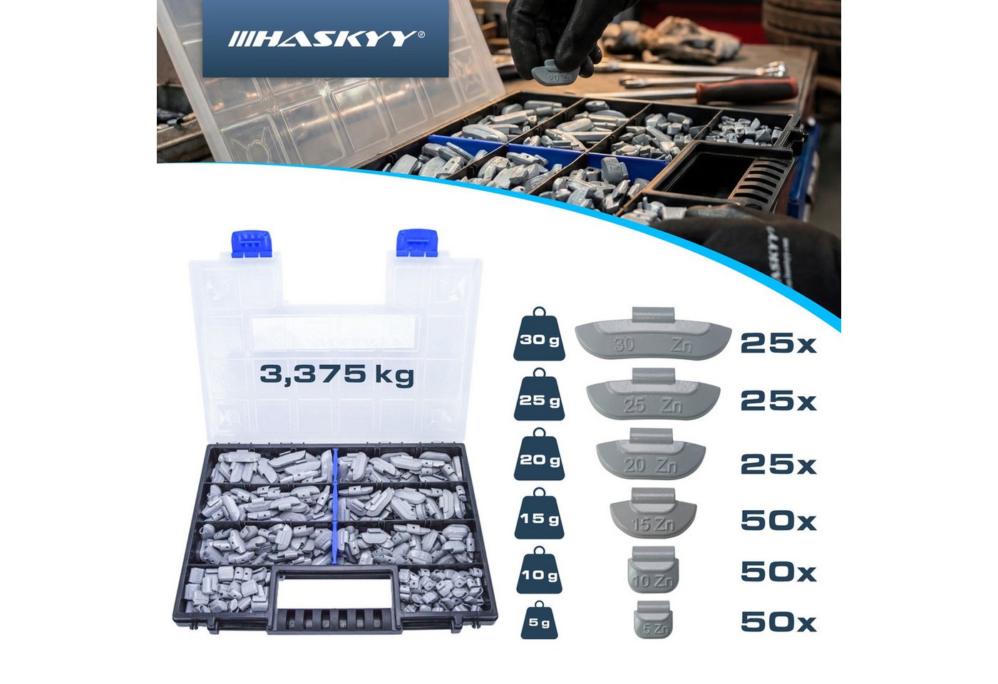 HASKYY Reifenmontagemaschine Schlaggewichte Stahlfelgen Auswuchtgewichte Reifen 225tlg. 5-30g Set Bild 2
