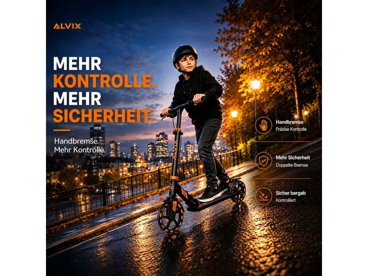 ALVIX Cityroller Kinderroller K-Serie mit Handbremse, (Einzelartikel, 1 Scooter, 1 Tragegurt, 1 Bedienungsanleitung), 200-mm-LED-Räder, breites 120-mm-Deck, faltbar, Tragegurt