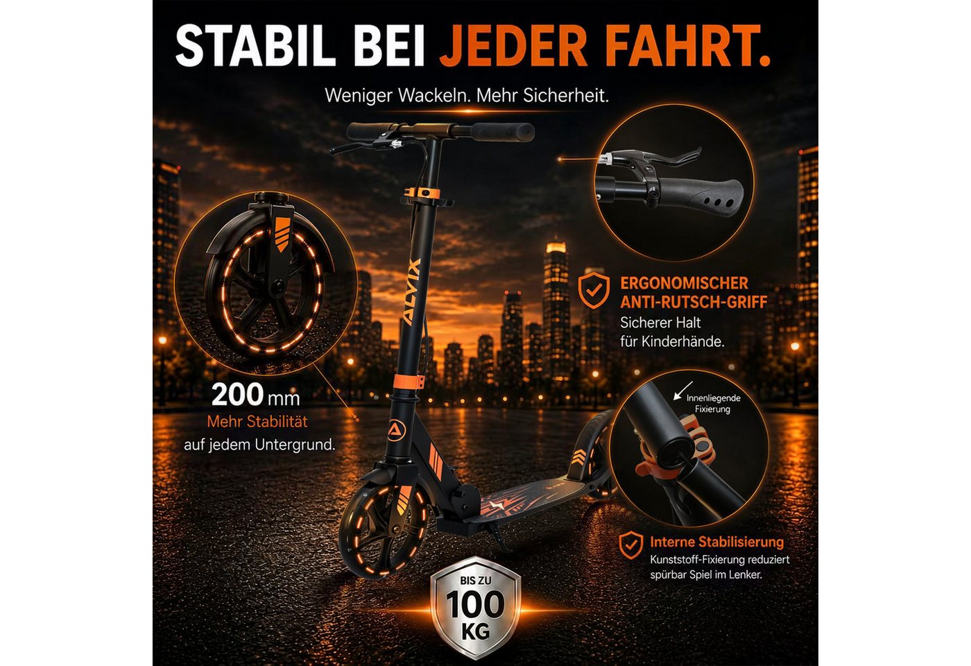 ALVIX Cityroller Kinderroller K-Serie mit Handbremse, (Einzelartikel, 1 Scooter, 1 Tragegurt, 1 Bedienungsanleitung), 200-mm-LED-Räder, breites 120-mm-Deck, faltbar, Tragegurt Bild 3