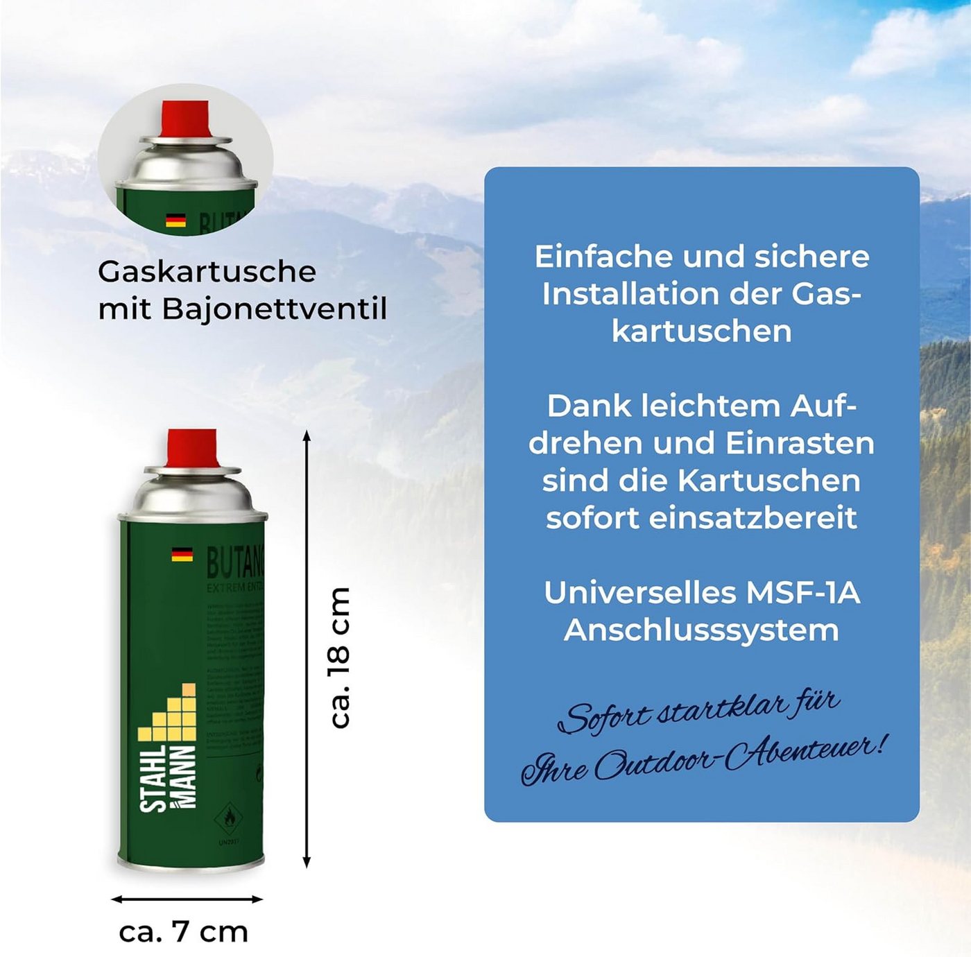 STAHLMANN COMMERCE GmbH Gaskartusche Gaskartuschen 28x 227 g [Made in EU] Butangas MSF-1a Ventil EN417, Zubehör für Gaskocher,Unkrautbrenner,Gasbrenner,Campingkocher, 28 St., 28 x 227 g · Made in EU · MSF-1a Ventil · EN417 Bild 3