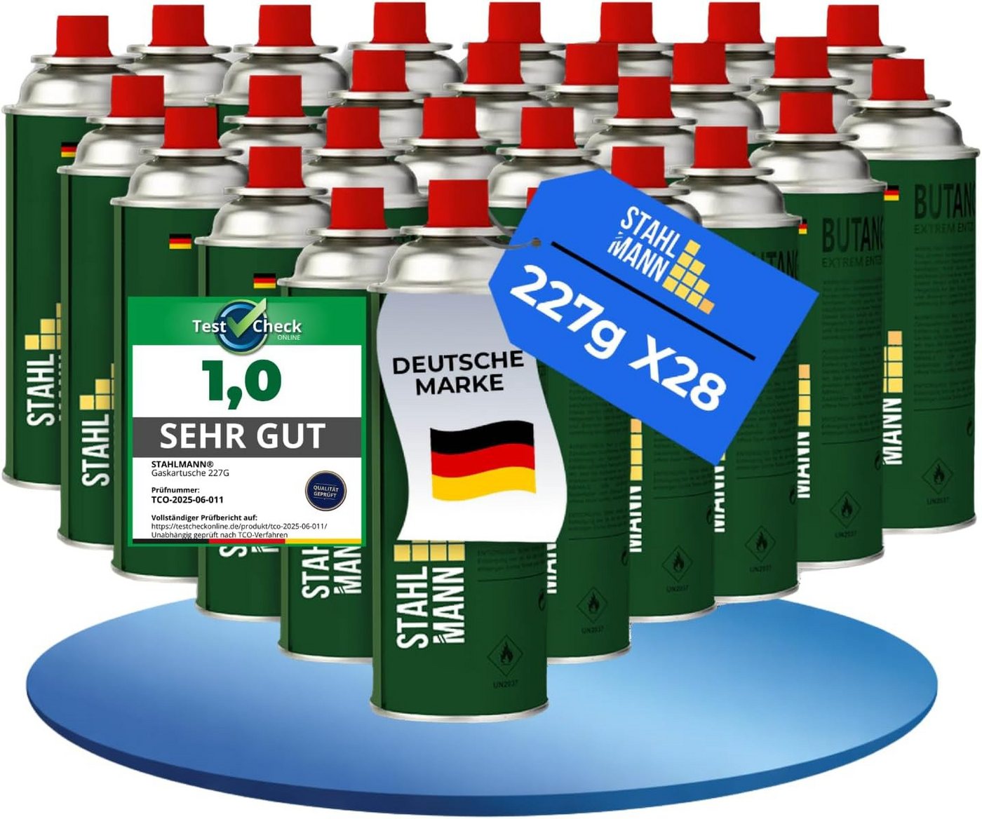 STAHLMANN COMMERCE GmbH Gaskartusche Gaskartuschen 28x 227 g [Made in EU] Butangas MSF-1a Ventil EN417, Zubehör für Gaskocher,Unkrautbrenner,Gasbrenner,Campingkocher, 28 St., 28 x 227 g · Made in EU · MSF-1a Ventil · EN417 Bild 5