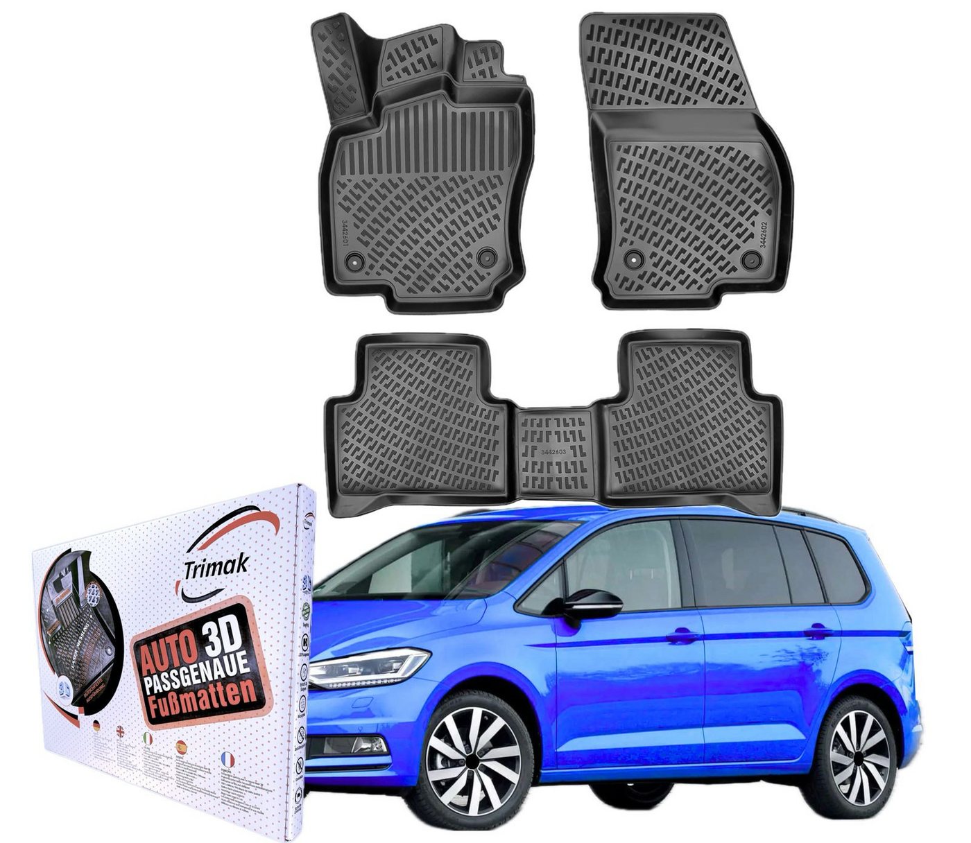 Trimak Passform-Fußmatten Oder Kofferraumwanne Oder Set kompatibel mit Volkswagen Touran, Volkswagen Touran II 2016-2025 Gummimatten Auto Allwetter Fussmatten Bild 2
