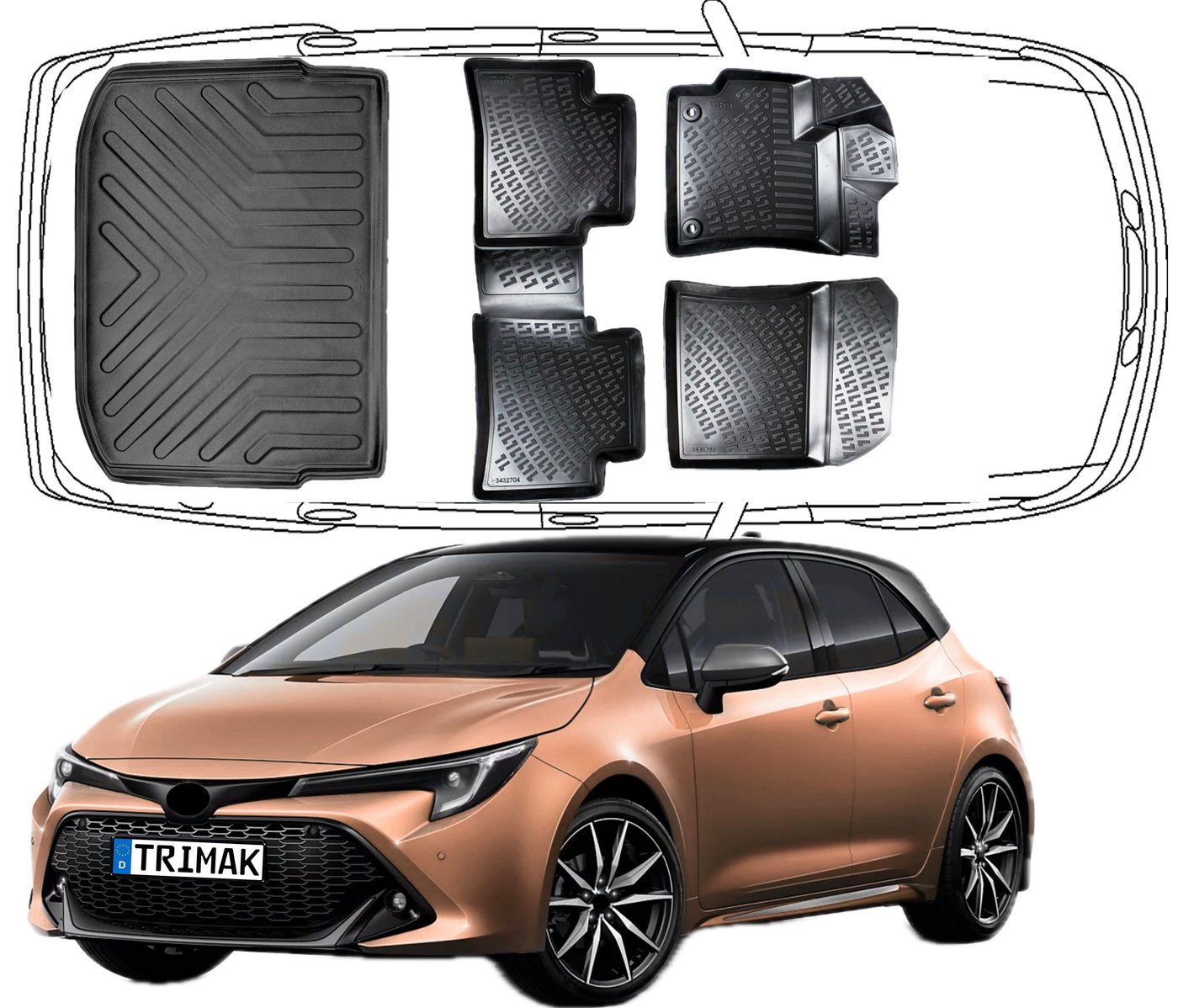 Trimak Passform-Fußmatten Oder Kofferraumwanne Oder Set für Toyota Corolla, Corolla Hatchback E210 Benzin ab 2019 Fuß- & Obere Kofferraummatte