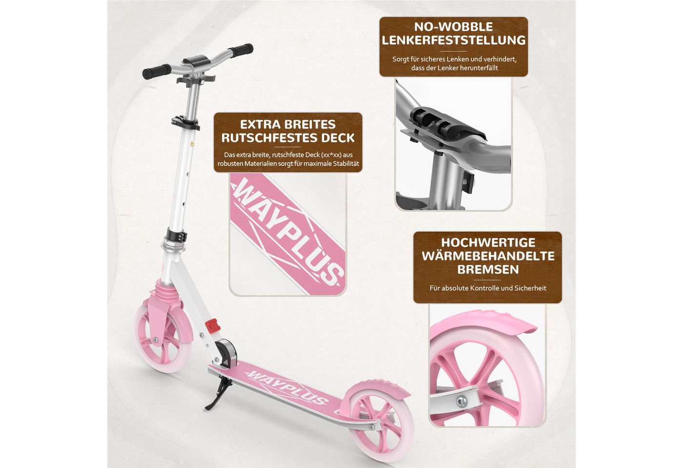 WAYPLUS Cityroller ab 6 Jahren, 108kg Belastbarkeit 205mm Räder ABEC9, (1 tlg), Klappbar Höhenverstellbar inkl. Tragegurt
