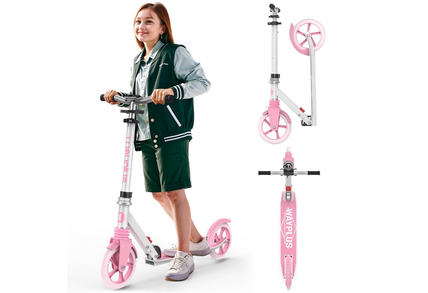 WAYPLUS Cityroller ab 6 Jahren, 108kg Belastbarkeit 205mm Räder ABEC9, (1 tlg), Klappbar Höhenverstellbar inkl. Tragegurt Bild 2