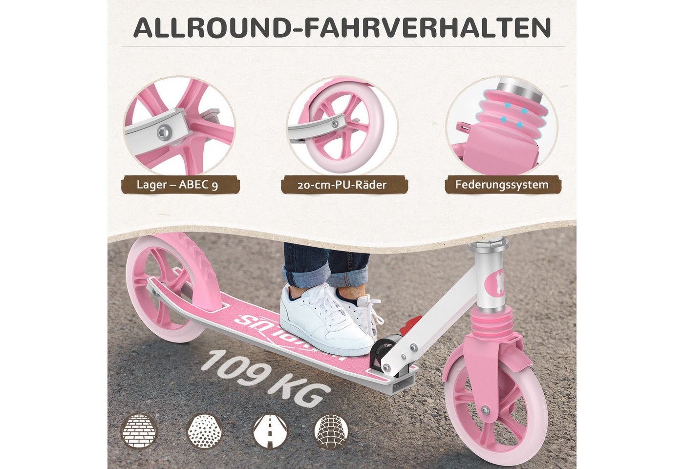 WAYPLUS Cityroller ab 6 Jahren, 108kg Belastbarkeit 205mm Räder ABEC9, (1 tlg), Klappbar Höhenverstellbar inkl. Tragegurt Bild 3