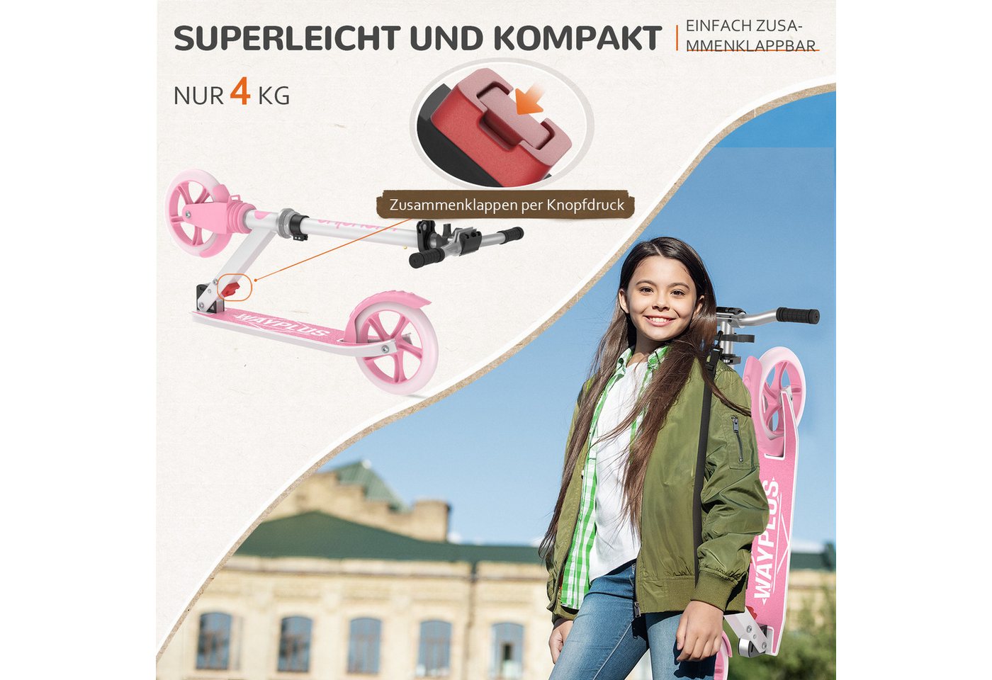 WAYPLUS Cityroller ab 6 Jahren, 108kg Belastbarkeit 205mm Räder ABEC9, (1 tlg), Klappbar Höhenverstellbar inkl. Tragegurt Bild 4