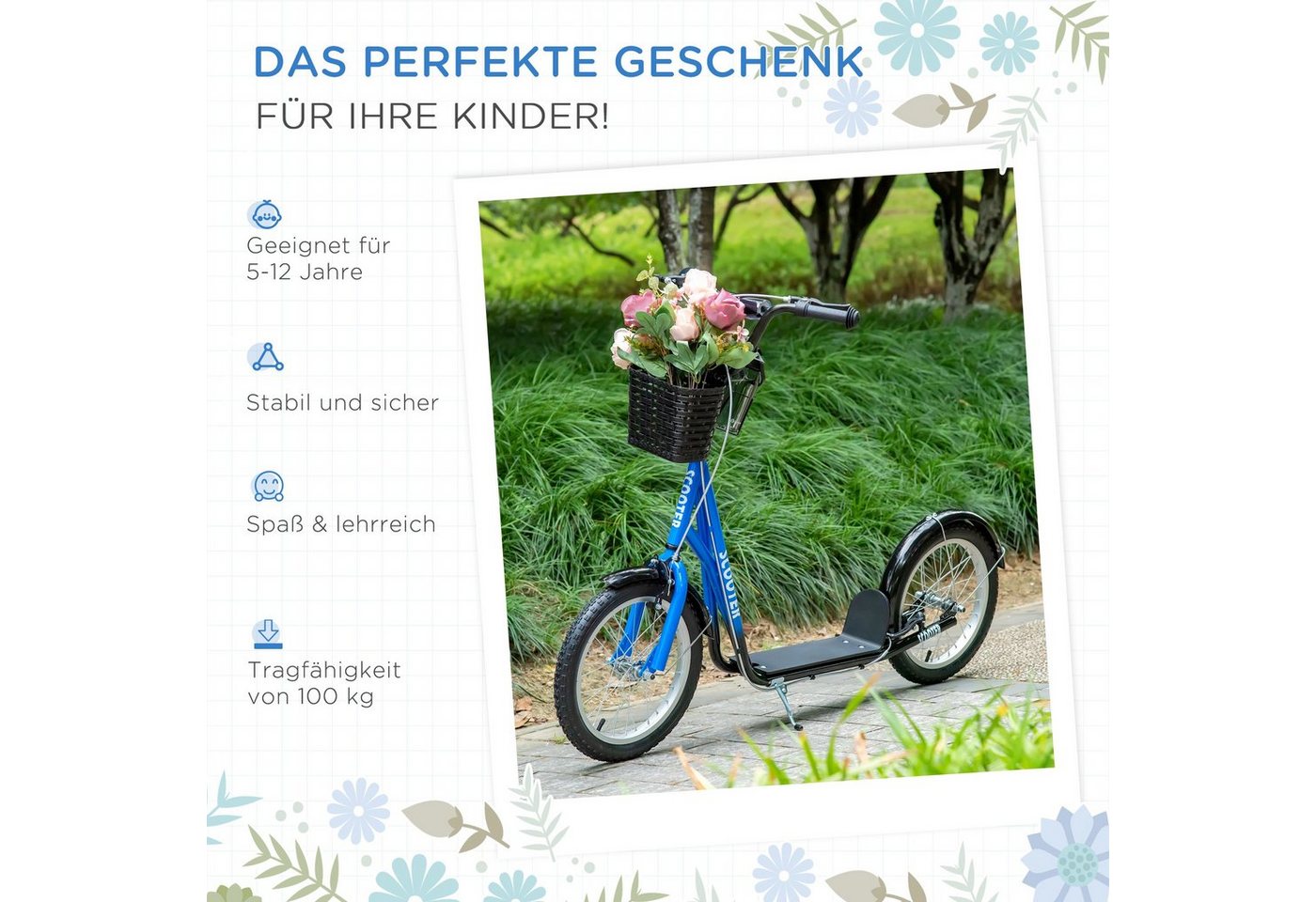 HOMCOM Cityroller Roller Kinderroller mit Luftreifen Handbremse 16 Zoll Tretroller, 1 km/h, (Roller, 1 tlg., Kickscooter), für 5-12 Kinder, Blau+Schwarz