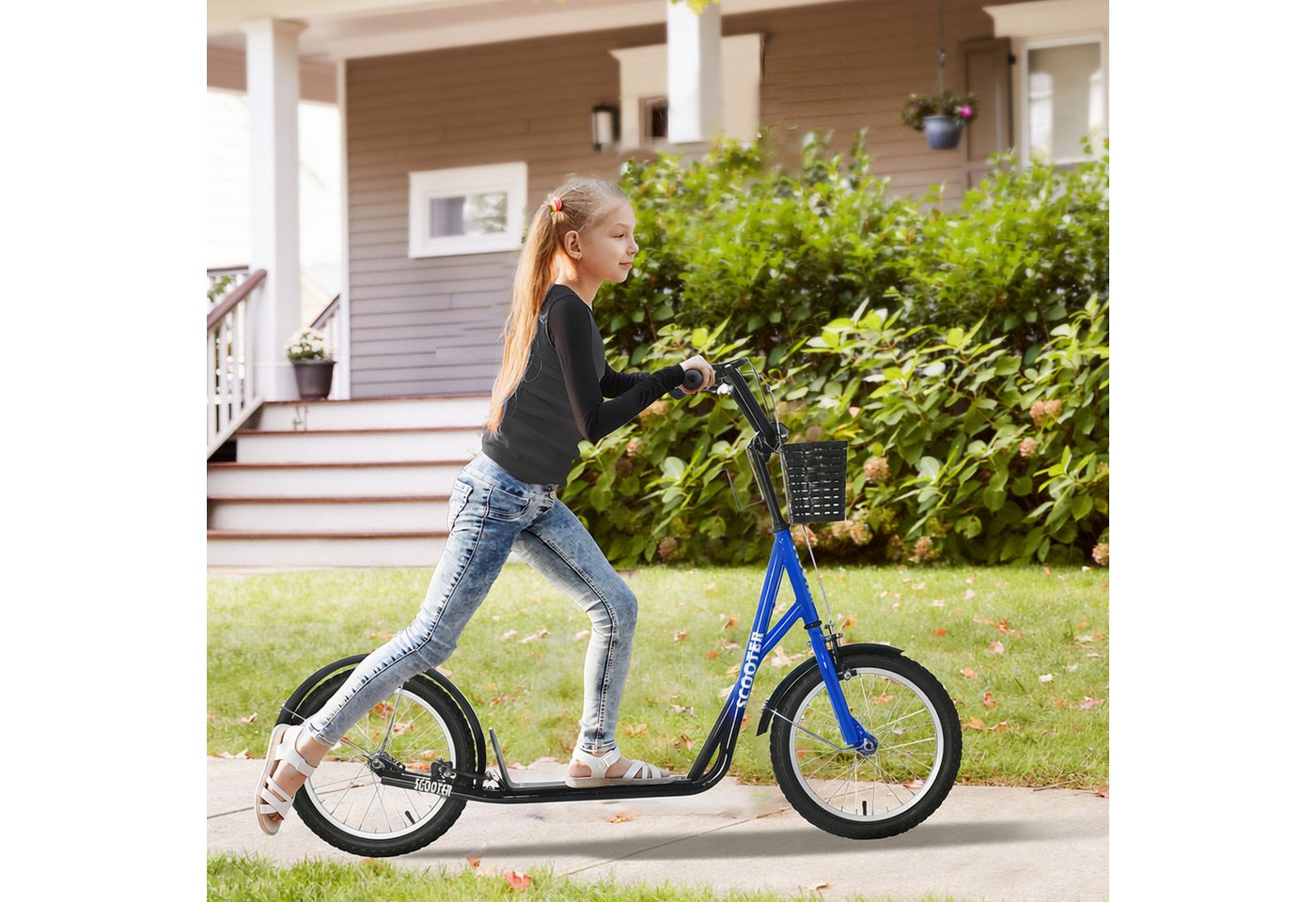 HOMCOM Cityroller Roller Kinderroller mit Luftreifen Handbremse 16 Zoll Tretroller, 1 km/h, (Roller, 1 tlg., Kickscooter), für 5-12 Kinder, Blau+Schwarz Bild 2