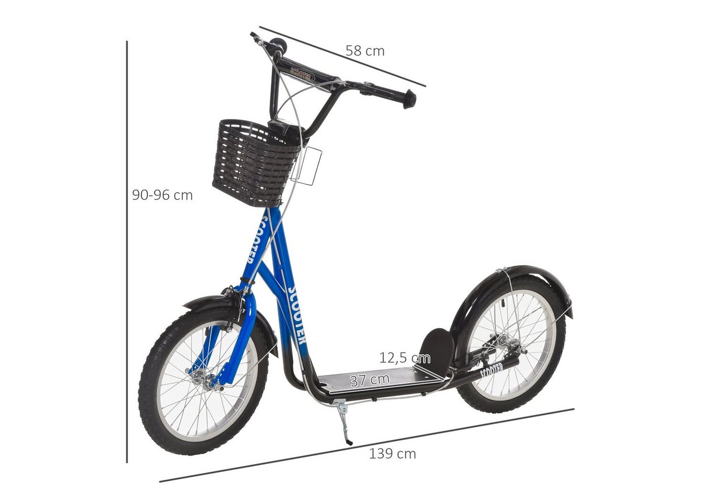 HOMCOM Cityroller Roller Kinderroller mit Luftreifen Handbremse 16 Zoll Tretroller, 1 km/h, (Roller, 1 tlg., Kickscooter), für 5-12 Kinder, Blau+Schwarz Bild 3