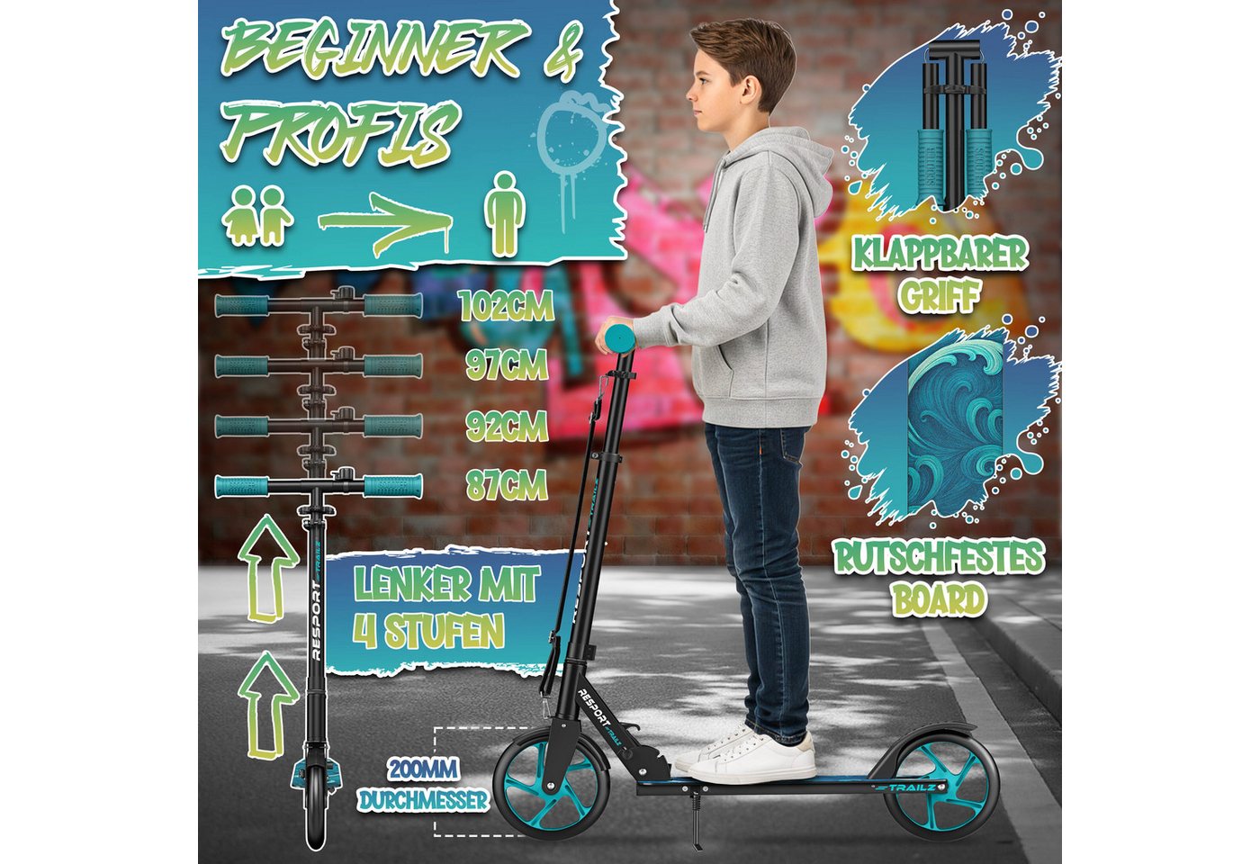 RE:SPORT Cityroller RE:SPORT® Trailz Cityroller Scooter inkl. Tragegurt und Klingel 200mm, (Scooter höhenverstellbar & klappbar, Kinderroller große Räder Kickscooter Kickroller), Cityroller für Kinder & Erwachsene mit LED, Klingel & Tragegurt
