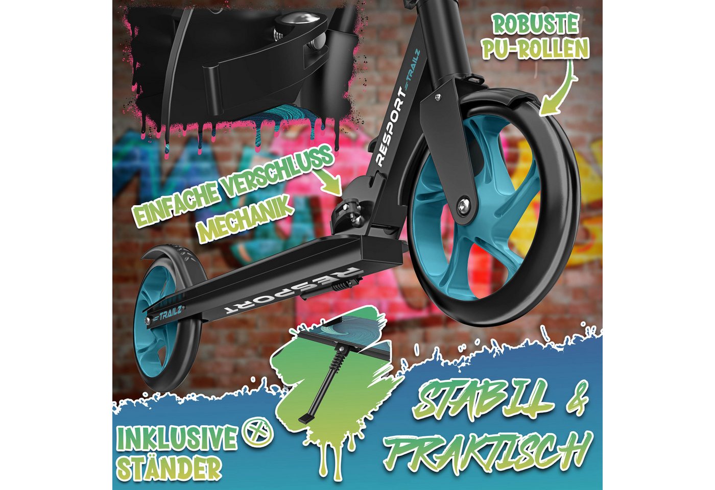RE:SPORT Cityroller RE:SPORT® Trailz Cityroller Scooter inkl. Tragegurt und Klingel 200mm, (Scooter höhenverstellbar & klappbar, Kinderroller große Räder Kickscooter Kickroller), Cityroller für Kinder & Erwachsene mit LED, Klingel & Tragegurt Bild 2