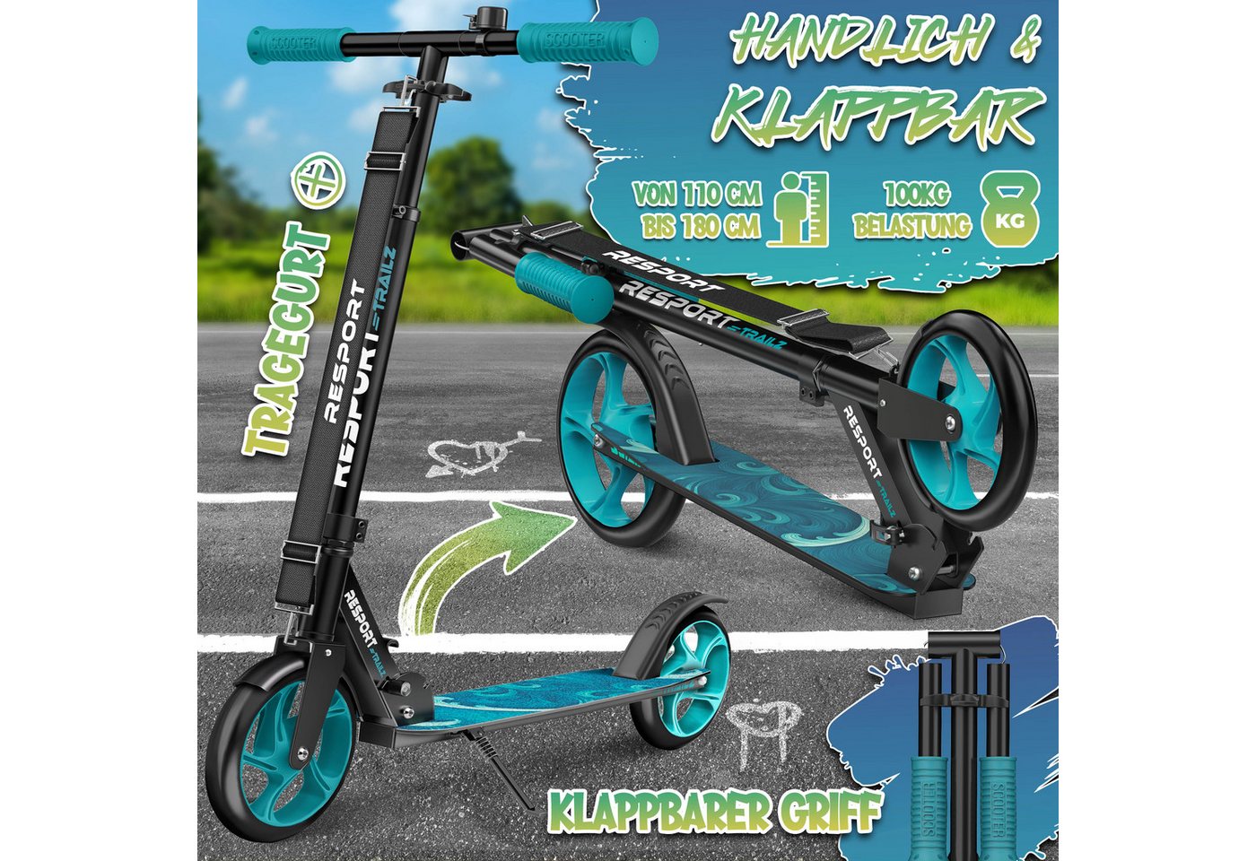 RE:SPORT Cityroller RE:SPORT® Trailz Cityroller Scooter inkl. Tragegurt und Klingel 200mm, (Scooter höhenverstellbar & klappbar, Kinderroller große Räder Kickscooter Kickroller), Cityroller für Kinder & Erwachsene mit LED, Klingel & Tragegurt Bild 4