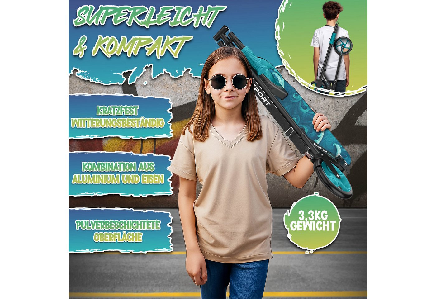 RE:SPORT Cityroller RE:SPORT® Trailz Cityroller Scooter inkl. Tragegurt und Klingel 200mm, (Scooter höhenverstellbar & klappbar, Kinderroller große Räder Kickscooter Kickroller), Cityroller für Kinder & Erwachsene mit LED, Klingel & Tragegurt Bild 5