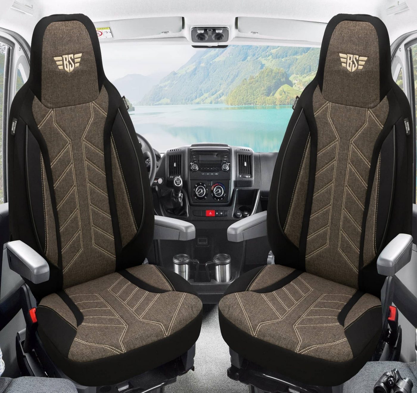BREMER SITZBEZÜGE Autositzbezug für Forster Vantasy Vans (PLKT212), Set, 2-tlg., Schonbezüge Sitzbezüge Fahrer und Beifahrer, in Schwarz/Braun Bild 3