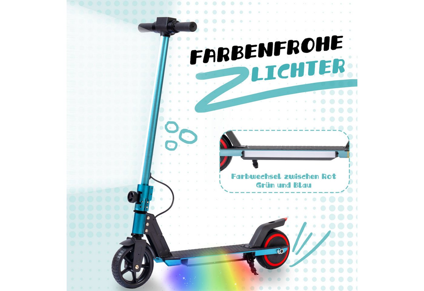 Vankel Cityroller 6,5'' Kinder E Scooter ab 6 Jahren, 60Wh, max. 8km, faltbar, 150 W, 14 km/h, (E-Bremse + Fußbremse, Aluminiumrahmen, Elektro-Kinderroller), LED-Streifen, Elektroroller mit EBS, zul. Gesamtgewicht: 50kg