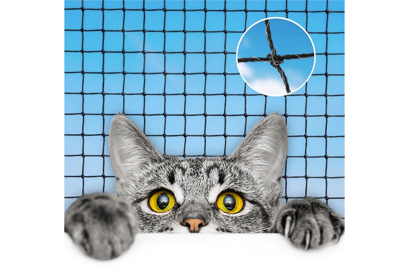 KONZEPT Tiersicherheitsnetz für Katzen, drahtverstärktes Balkonnetz mit 3 x 3 cm Maschenweite, Bissfest, Kratzfest, Reißfest, Wetterbeständig, Maschenweite: 3 x 3