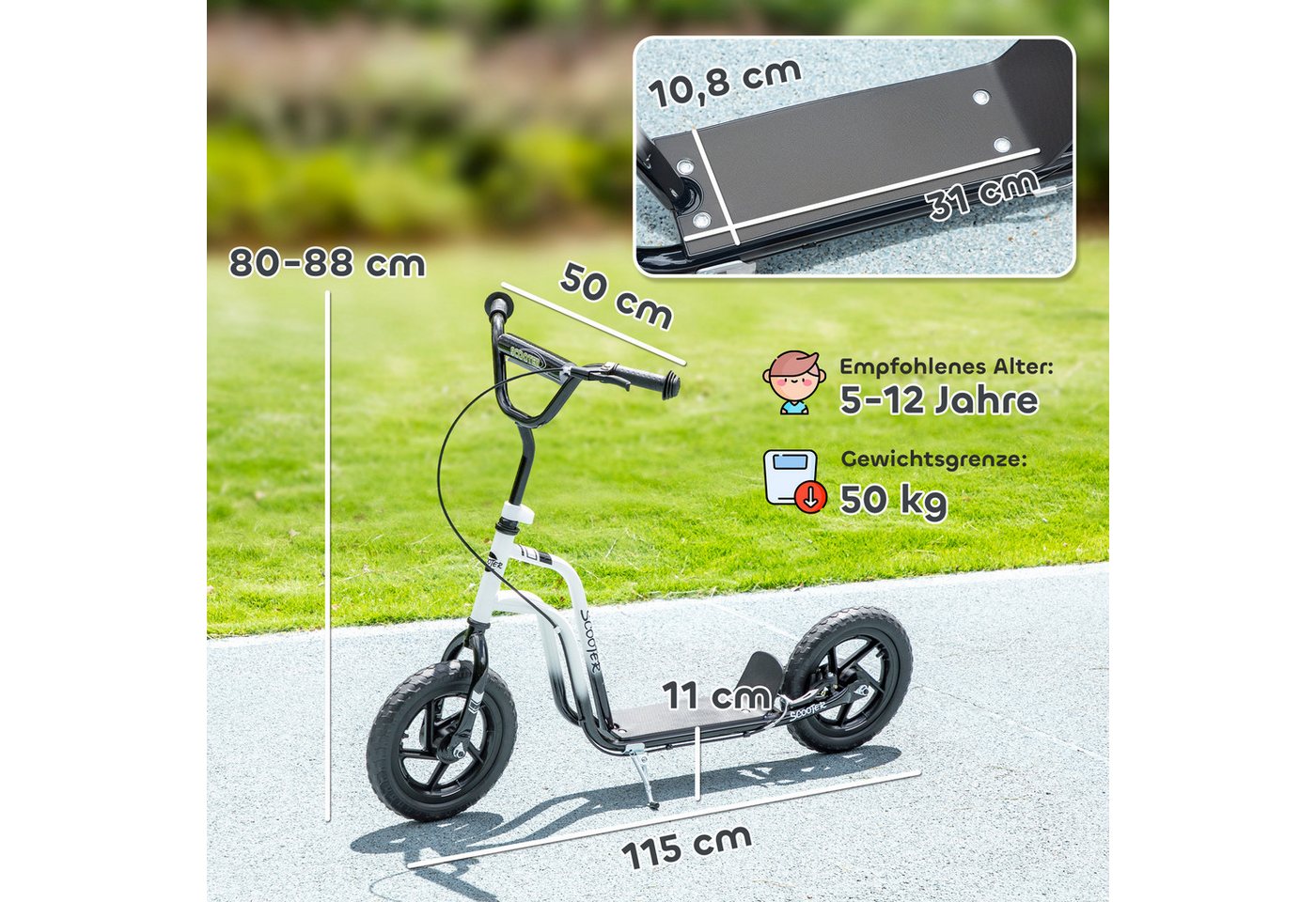 AIYAPLAY Cityroller Kinderroller Scooter mit verstellbarem Lenker und großen Rädern, (Kinderroller, 1 tlg., Tretroller), für Kinder im Alter von 5-12 Jahren, Weiß
