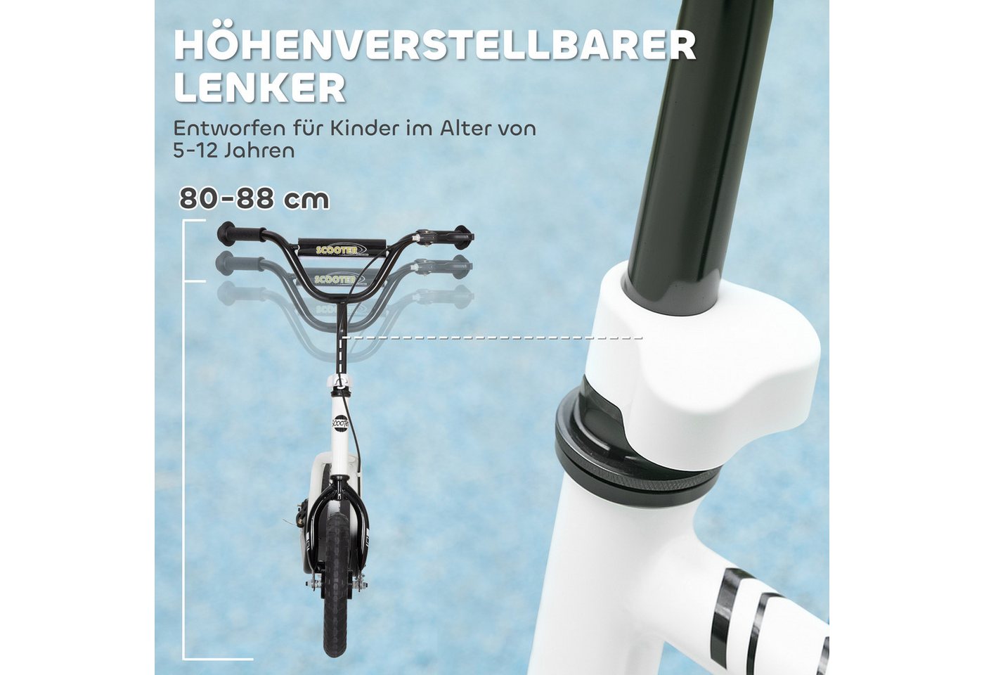 AIYAPLAY Cityroller Kinderroller Scooter mit verstellbarem Lenker und großen Rädern, (Kinderroller, 1 tlg., Tretroller), für Kinder im Alter von 5-12 Jahren, Weiß Bild 2