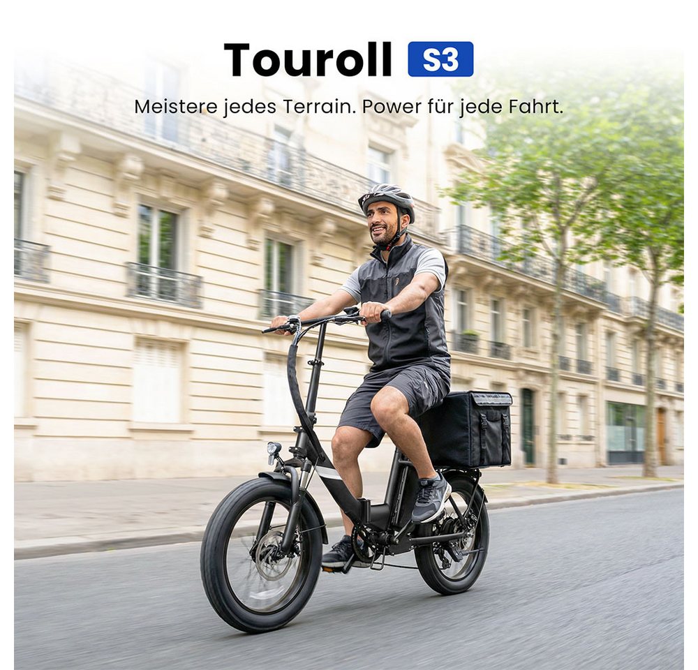 Touroll E-Bike S3 20 Zoll Elektro‑Fat‑Faltfahrrad, 7 Gang Shimano, Heckmotor, 468 Wh, 25 km/h, abnehmbarer Akku, 250 W Nennleistung, 20"×3,0" Fat‑Reifen