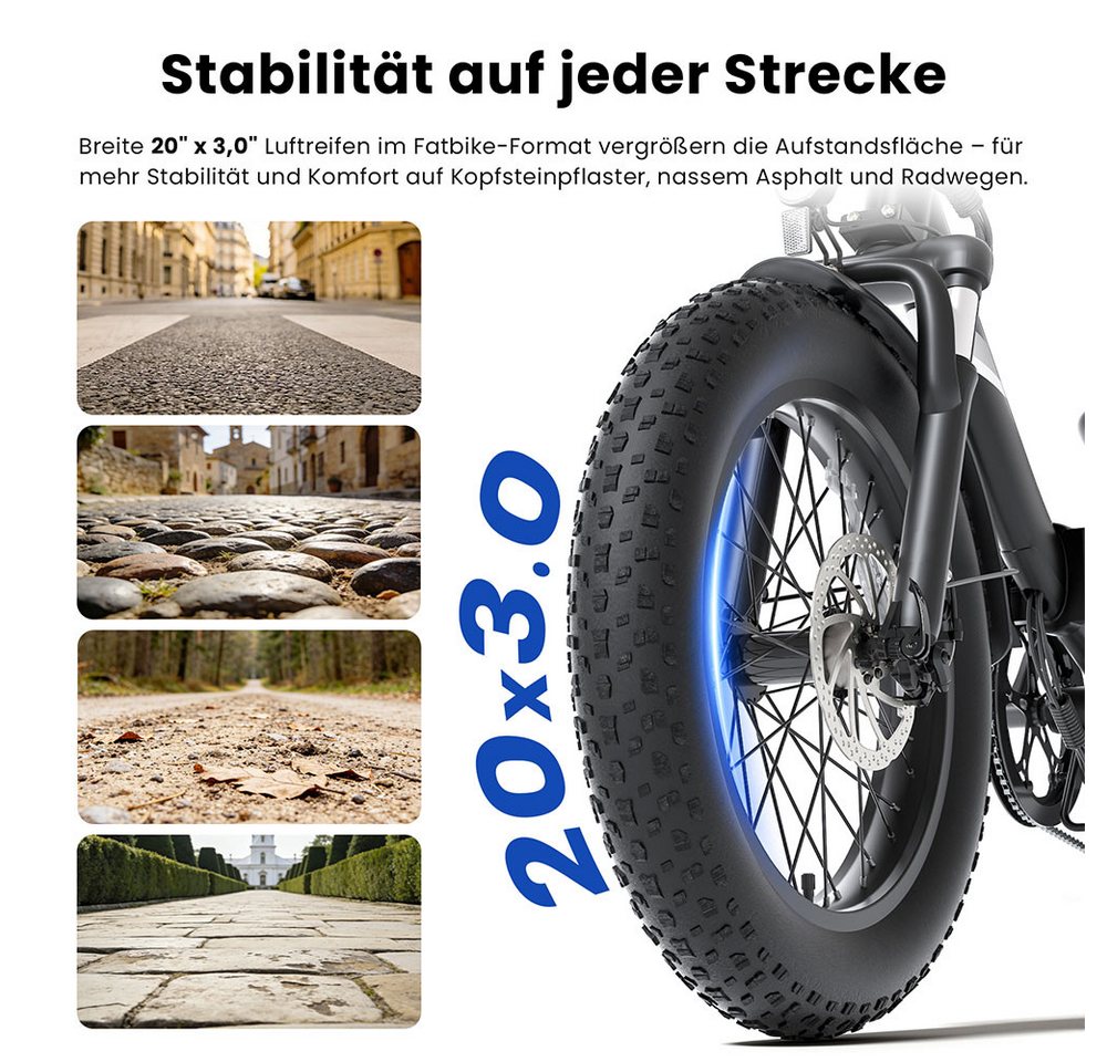 Touroll E-Bike S3 20 Zoll Elektro‑Fat‑Faltfahrrad, 7 Gang Shimano, Heckmotor, 468 Wh, 25 km/h, abnehmbarer Akku, 250 W Nennleistung, 20"×3,0" Fat‑Reifen Bild 3