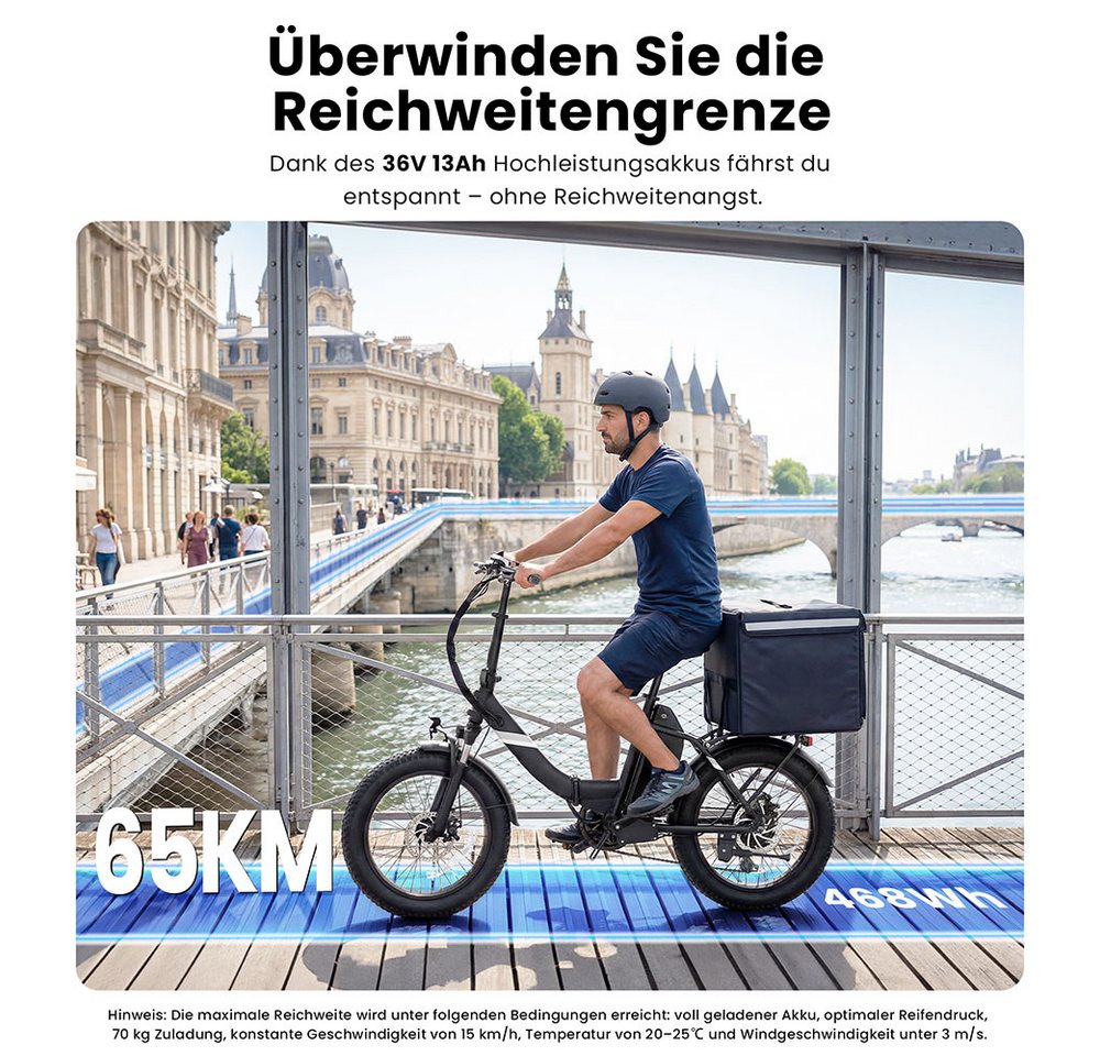 Touroll E-Bike S3 20 Zoll Elektro‑Fat‑Faltfahrrad, 7 Gang Shimano, Heckmotor, 468 Wh, 25 km/h, abnehmbarer Akku, 250 W Nennleistung, 20"×3,0" Fat‑Reifen Bild 4