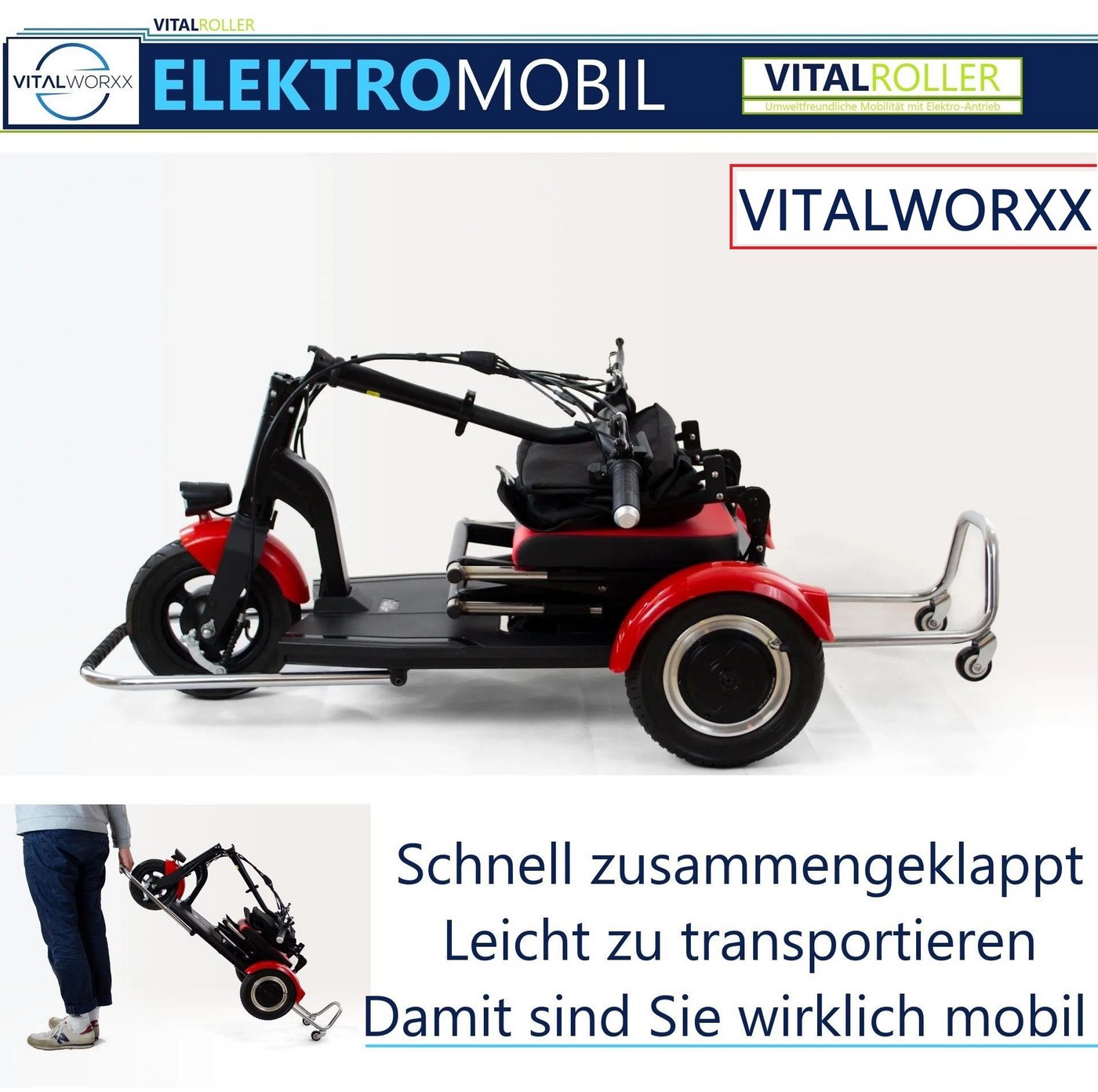 VITALWORXX Elektromobil VITALROLLER 6 km/h - Faltbar - leicht & kompakt - Reichweite bis 40 km, Faltbar, kompakt, leichte Bedienung, Rückwärtsgang