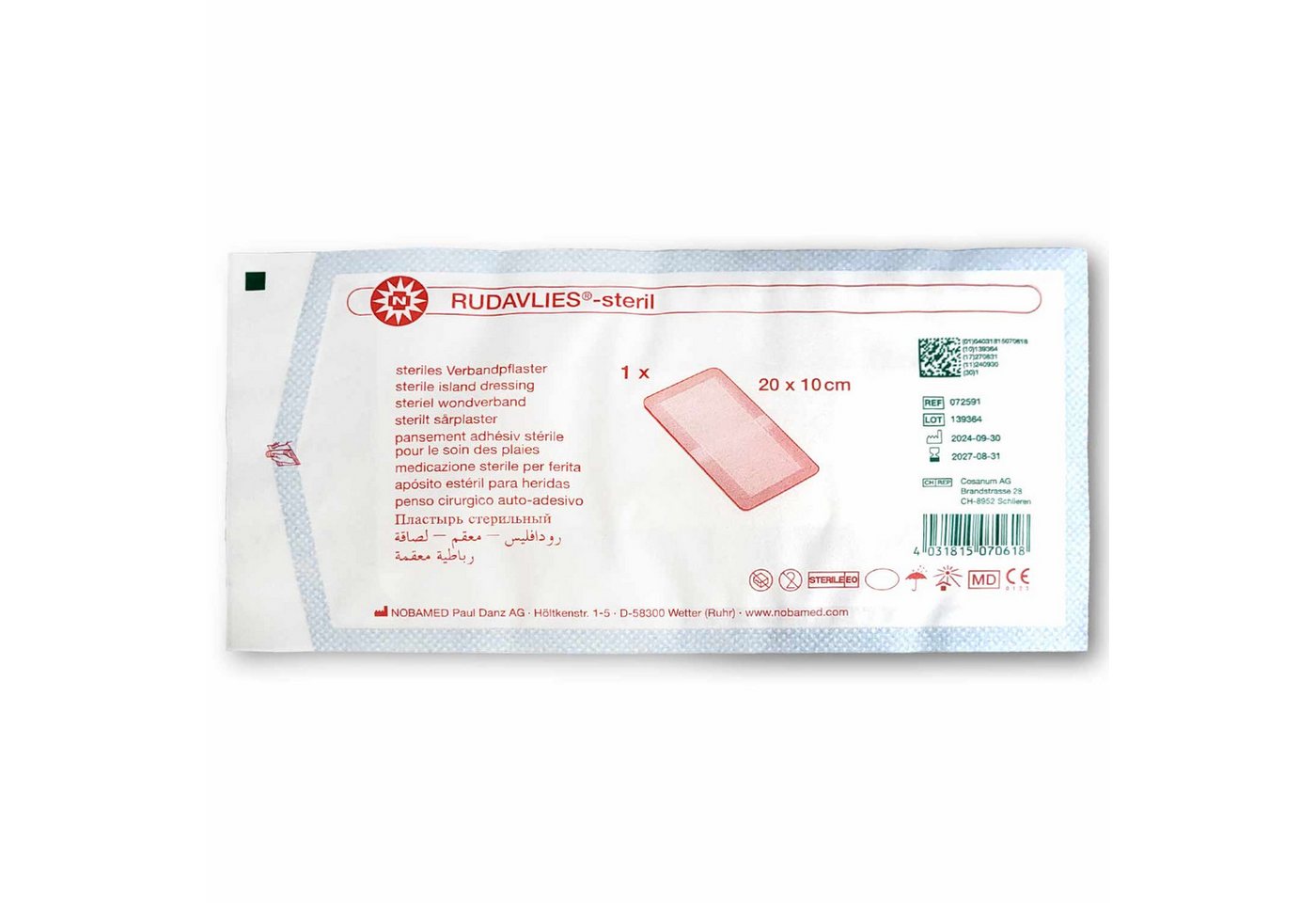 NOBAMED Paul Danz AG Erste-Hilfe-Set Rudavlies steril Inselpflaster 20 x 10 cm, sterile Wundauflage, (1 St), atmungsaktiv, steril, steriles Inselpflaster, hypoallergen