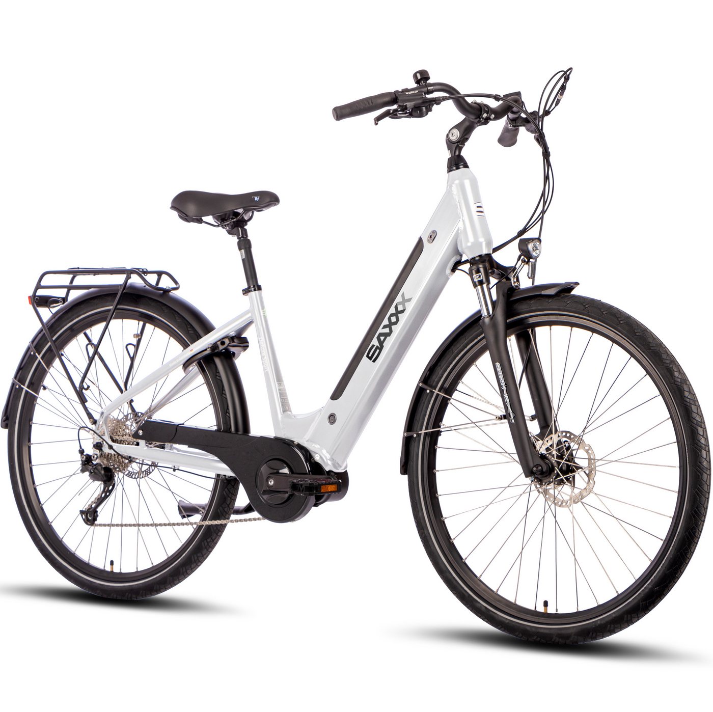 SAXXX E-Bike Trekkingrad Damen/Herren 28*2'', 418Wh, 80-100km, Scheibenbremsen, 9 Gang Shimano Alivio Schaltwerk, Kettenschaltung, Mittelmotor, 418 Wh, (mit Akku-Ladegerät, mit Akku-Schlüssel), E-Trekkingrad mit Gepäckträger, Federgabel, Akku entnehmbar Bild 3
