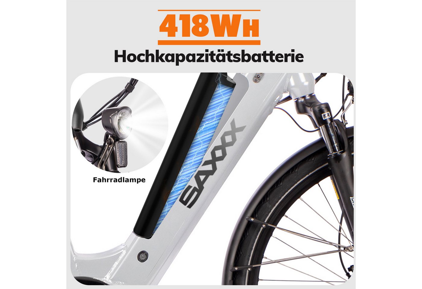 SAXXX E-Bike Trekkingrad Damen/Herren 28*2'', 418Wh, 80-100km, Scheibenbremsen, 9 Gang Shimano Alivio Schaltwerk, Kettenschaltung, Mittelmotor, 418 Wh, (mit Akku-Ladegerät, mit Akku-Schlüssel), E-Trekkingrad mit Gepäckträger, Federgabel, Akku entnehmbar Bild 4