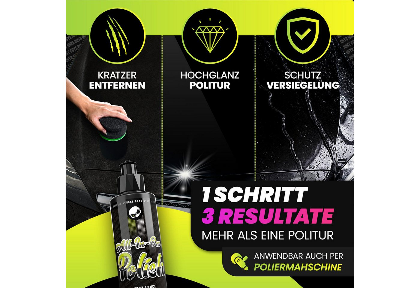 Nuke Guys Nuke Guys All in One Polish Set 3 in 1 Politur One Step Autopolitur (3 St), Autopolitur mit Versiegelung - zum Kratzer entfernen Bild 4