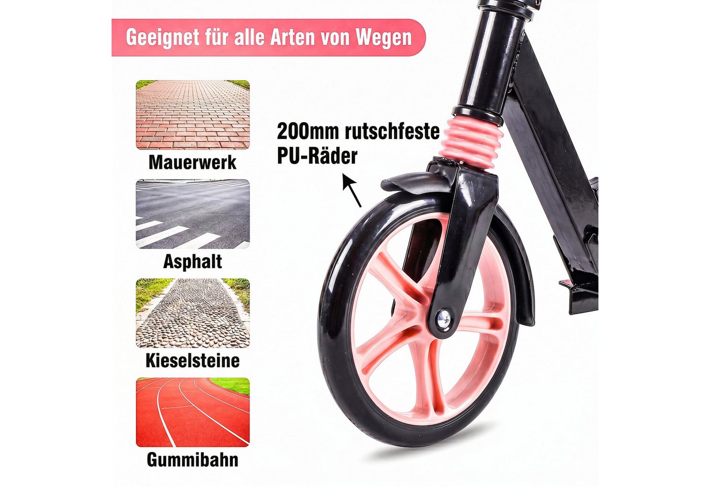 oyajia Cityroller 200 Tretroller - Höhenverstellbar & zusammenklappbar, Roller mit Anti-Rutsch-Trittfläche & Doppel-Federung Bild 3
