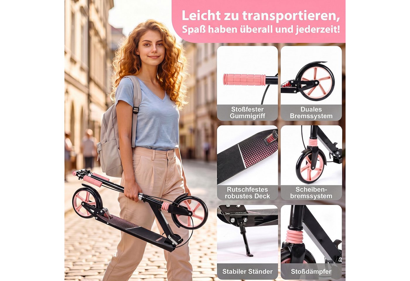 oyajia Cityroller 200 Tretroller - Höhenverstellbar & zusammenklappbar, Roller mit Anti-Rutsch-Trittfläche & Doppel-Federung Bild 4