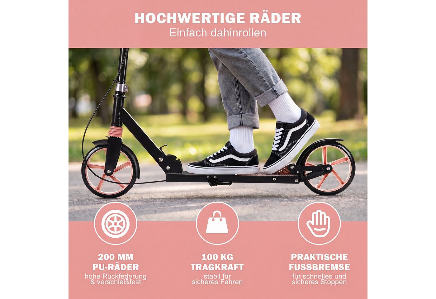 oyajia Cityroller 200 Tretroller - Höhenverstellbar & zusammenklappbar, Roller mit Anti-Rutsch-Trittfläche & Doppel-Federung Bild 5