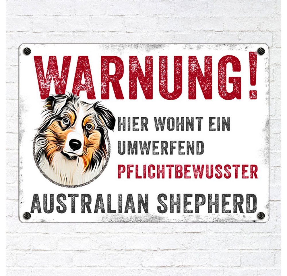 Cadouri Warnschild Hundewarnschild AUSTRALIAN SHEPHERD - Hinweisschild mit Hunderasse, (1 St., Metallschild mit vier vorgebohrten Löchern), UV-beständig, 28,5 x 20 cm, abgerundete Ecken, für Hundebesitzer