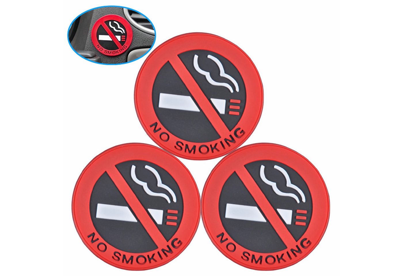Bolwins Hinweisschild B71 3St/Set 3D Rauchen verboten Aufkleber Ø 5 cm No Smoking Schild, (Aufkleber-Set, 3 St., 3x 3D No Smoking Aufkleber, selbstklebend, für Auto, Büro und Räume), 3D Nichtraucher Piktogramm, selbstklebend, wetterfest Bild 2