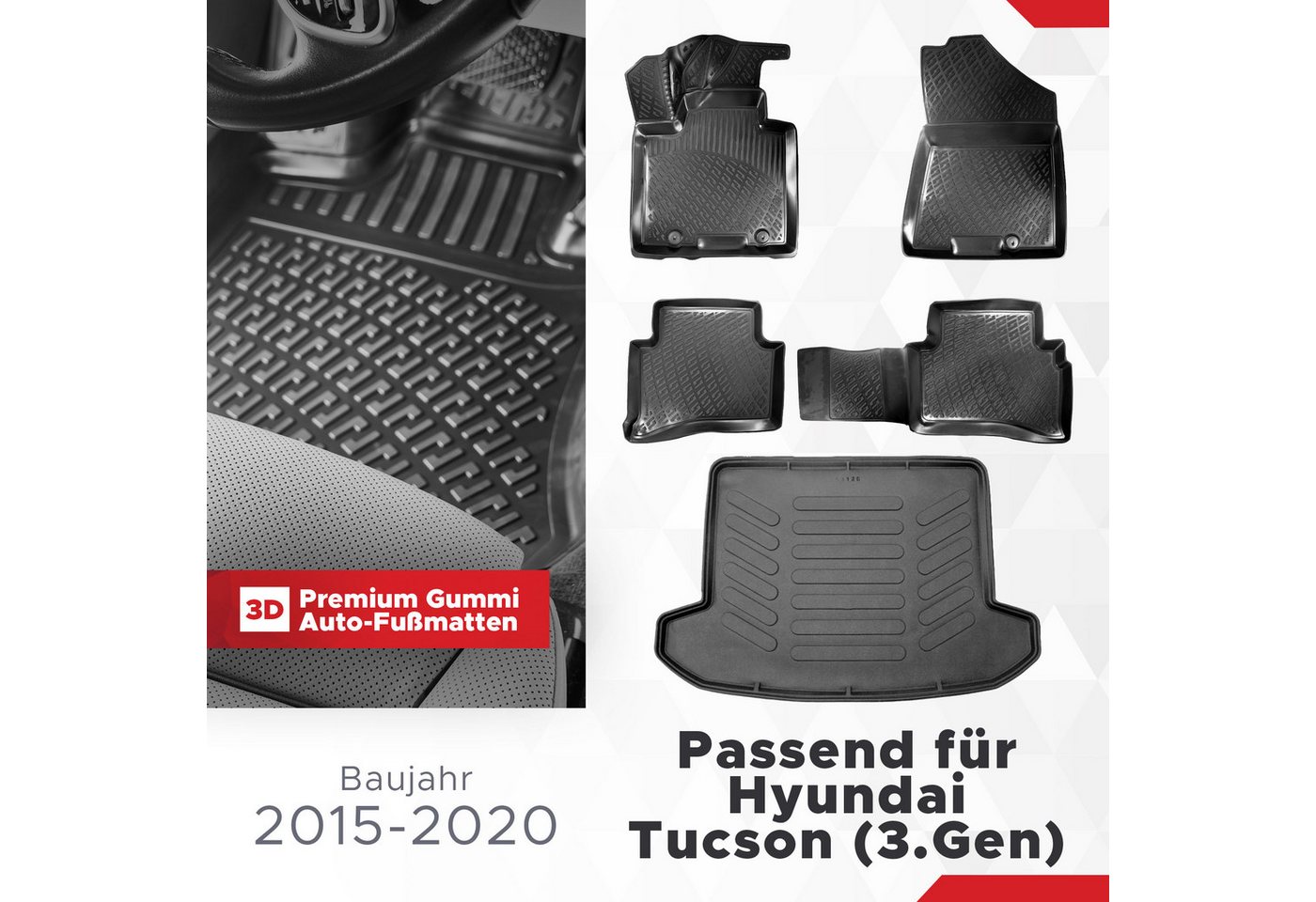 fussmattenprofi.com Auto-Fußmatten 3D Auto Gummimatten & Kofferraumwanne für Hyundai Tucson 3 2015-2020 Bild 3