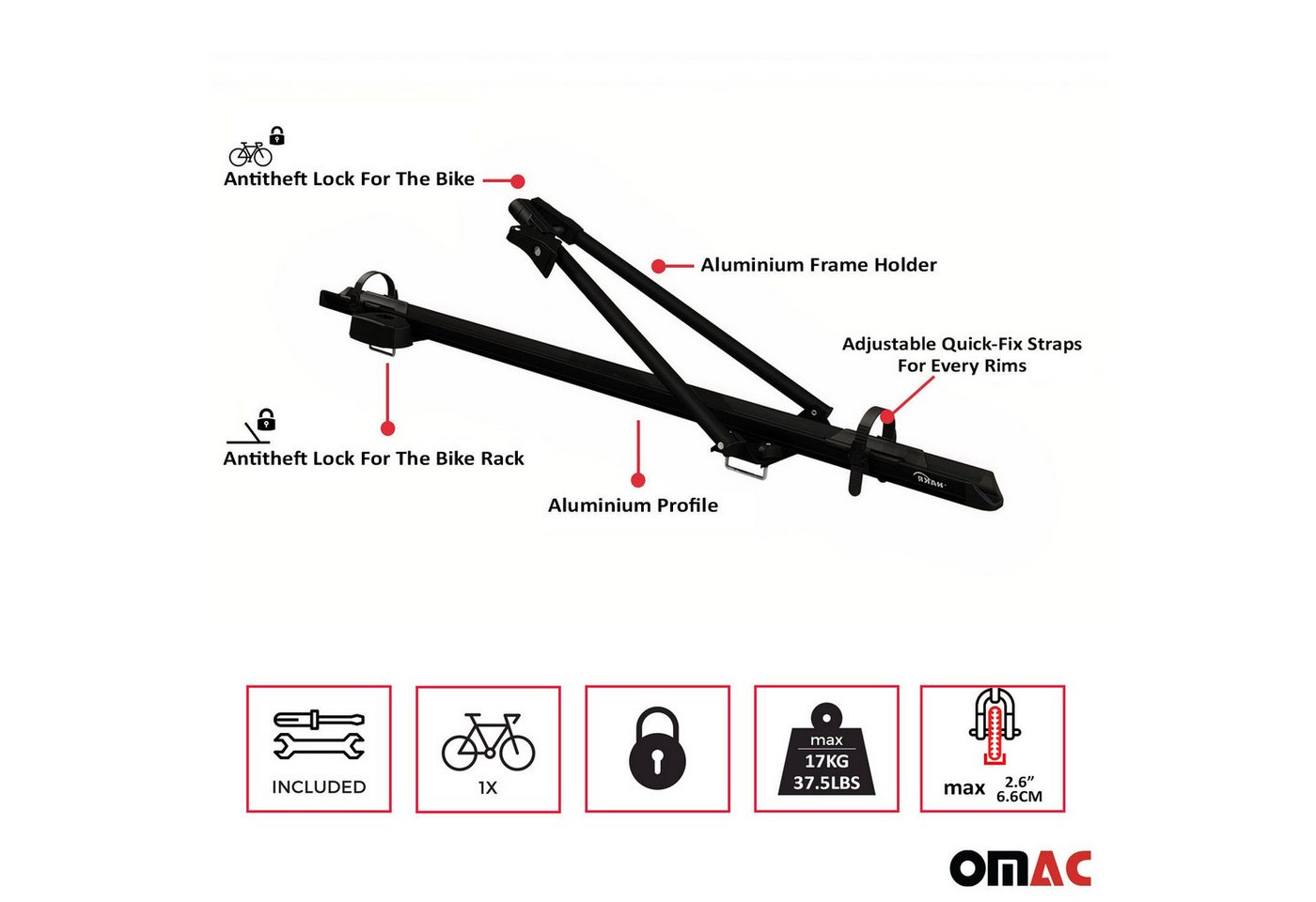 OMAC Dachfahrradträger Dachfahrradträger bis 17 kg Aluminium Schwarz 2 SET, (2-tlg), Abnehmbar, Leichtgewichtig Bild 2