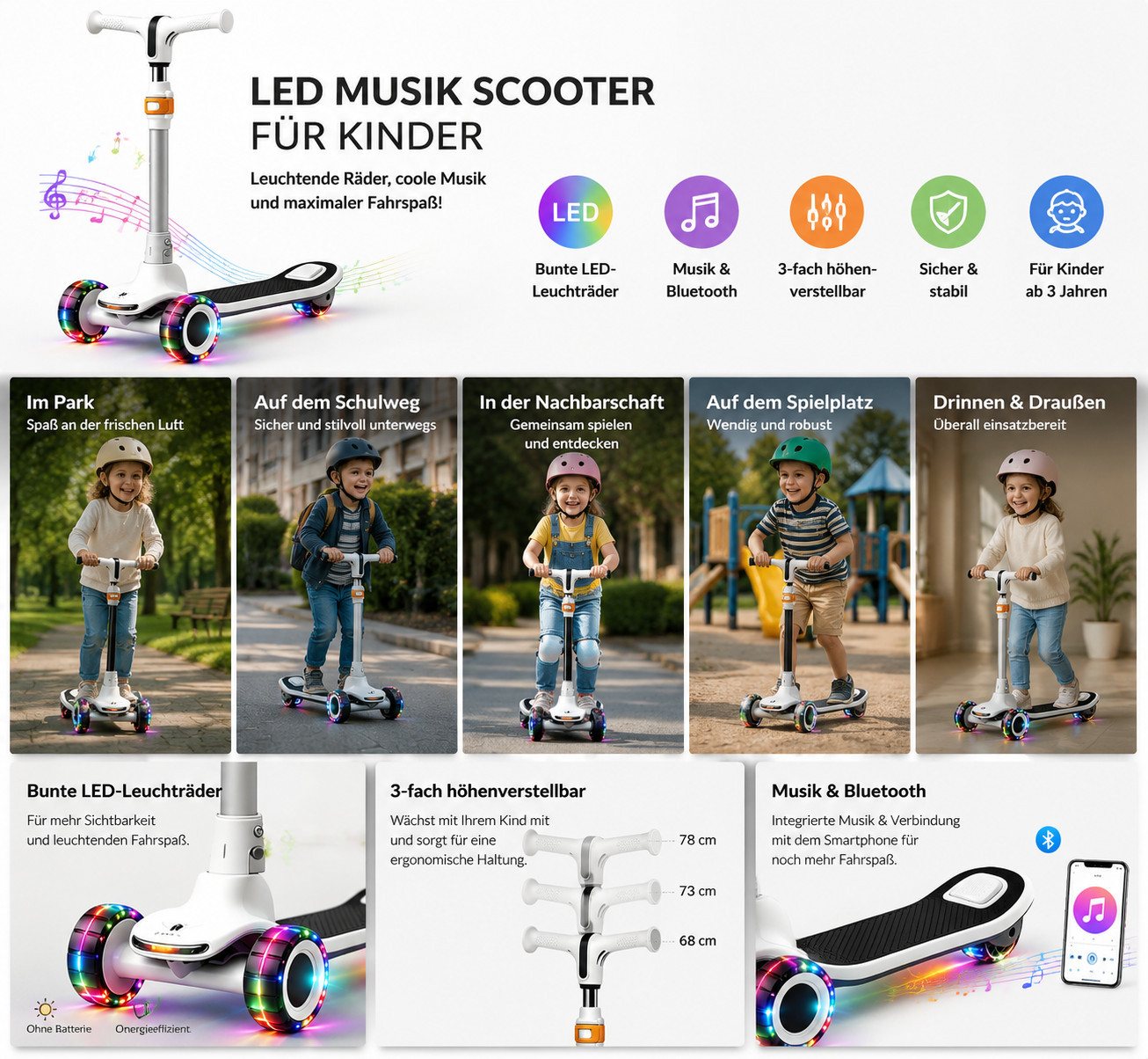 OYLCDI Cityroller Scooter Kinderroller Tretroller Kinderroller Dreiradscooter LED-Räder, bis 70 kg,roller kinder,kinder roller,Höhenverstellbar,Hinterradbremse